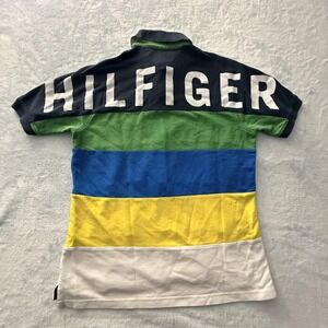Tommy Hilfiger Polo Shirt Mens Medium Multicolor Striped Big Logo Custom Fit